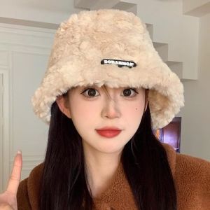 White Plush Fisherman Hat Womens Winter Heattech Face-Looking Small Furry Soft Glutinous Bucket Hat Bucket Hat Easiest for Match Big Head Circumference
