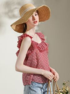 Miccbeirn | Sweet Pure Flax Printed Vest Top Sleeveless Womens Fashion Vintage Fresh Youthful Style Summer Season Regular Length