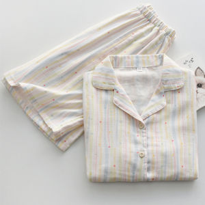 Summer Lightweight Pure Cotton Striped Sleepwear Womens Loose Short Sleeve Shorts Home Clothes Comfortable Breathable Nightgown