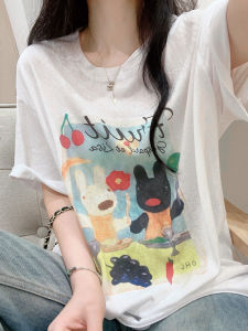 เสื้อยืดคอกลมแขนสั้นผ้าฝ้ายลายหิมะสีขาวสำหรับผู้หญิงในช่วงฤดูร้อน ทรงหลวม ลำลอง กระชับสัดส่วน ทรงสลิมฟิต ทรงบาง