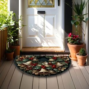 Non-Slip Semicircle Christmas Doormat With Gold Bell And Winter Fruit Wreath Indoor & Outdoor Dust-Proof Holiday Decorative Mat