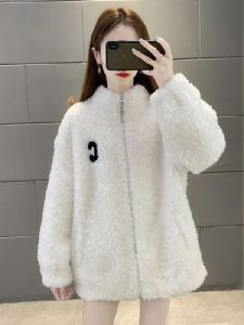 เสื้อแจ็คเก็ตขนแกะพับได้ทรงหลวมสำหรับผู้หญิง ฤดูใบไม้ร่วง/ฤดูหนาว เสื้อคาร์ดิแกนขนแกะสองหน้า อบอุ่นสำหรับกลางแจ้ง