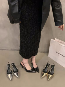 Silver High Heel Pointed Toe Elegant Cover Head Sandals Womens Shoes 2025 New Winter French Style Back Empty Single Shoes