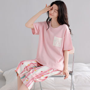 MiiOW | Bộ đồ ngủ cotton nguyên chất mùa hè cho nữ tay ngắn quần dài đến đầu gối mỏng rộng rãi đồ ngủ cotton thoáng khí thoải mái