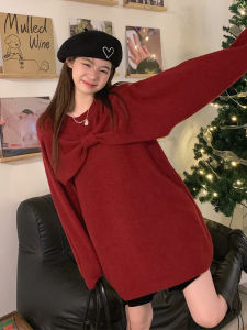Red Butterfly Knot Shoulder Bared Knitted Dress Christmas New Year Atmosphere Small Size Winter Long Sleeve Midi Dress