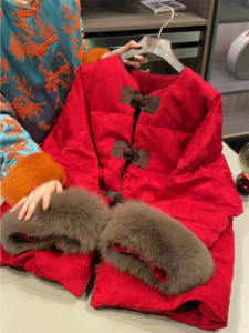 Young Style round Neck Warm Cotton Jacket Red Embroidery Chinese National Style Womens Outerwear Autumn Winter Fashionable Coat