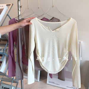 Sun Protection Ice Silk Long Sleeve T-Shirt Cover up V-Neck Slim Fit Yoga Fitness Base Shirt Commute Style Pure Color