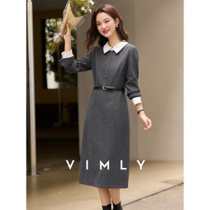 Vimly | Váy Maxi Nữ Dài Tay Cổ Ve Màu Xám Phối Màu Đeo Thắt Lưng