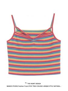 หวาน ลายสายรุ้ง แขนกุด สั้น คอวี เสื้อกั๊ก ผู้หญิง พลัสไซส์ ฤดูร้อน เสื้อท่อนบน สไตล์ Dopaamine ทันสมัย และสบาย