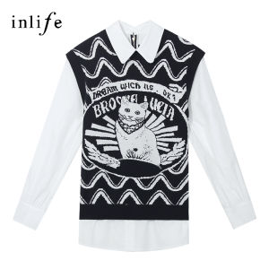 INLIFE | Fashionable Patchwork Pseudo-layered Womens Shirt Long Sleeve Suitable for Autumn Spring