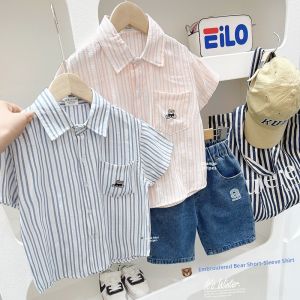 Boys Summer Short Sleeve Striped Shirt Loose Thin Casual Cotton Top for Kids Ages 2-10 Years Old Korean Style Summer Outfit