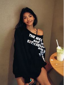Áo Hoodie Phong Cách Đường Phố Mỹ Cho Nữ Mùa Xuân Thu Mỏng Màu Đen Rộng Rãi Thường Ngày Thời Trang Áo Khoác Hở Vai