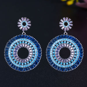 SEQUITO Unique Bohemian Flower Drop Big Round Dangle Earrings Paved Blue Purple AAA Cubic Zirconia Crystal Women Black Gold Color Boho Hollow Out Prom Ear Jewelry SE796