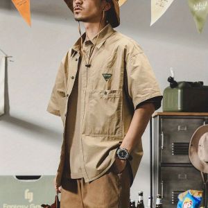 Multi-pocket cargo shirt for Men short sleeve loose Outdoor American vintage khaki blouse
