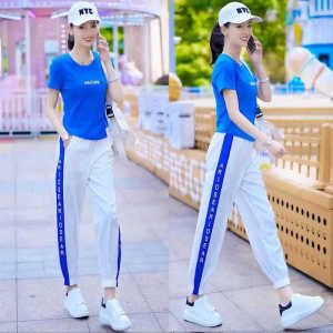 Summer 2025 Fashion Casual Ice Silk Sports Suit Womens Slim Short Sleeve Top And Pants Two-Piece Set for Small Stature