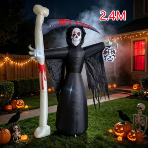 Halloween 2.4M Inflatable Ghosts With Bloody Sickle And Ghost Head Built-in LED Light Suitable Courtyard Lawn Garden Decoration