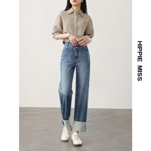 HIPPIE MISS | Pear Fit Cropped Wide Leg Black Turned-Up Cuff Straight Leg Denim Pants