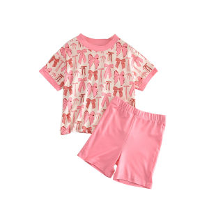 Bear Leader Sweet Cute Baby Girl Summer Clothes Set Full Print Bow Round Neck Short Sleeve T-shirt Top+Shorts Two Piece Suit Holiday Party Children Casual Wear 3-7 Year