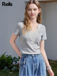 puella | Lace Spliced V-Neck Short Sleeve Womens T-Shirt