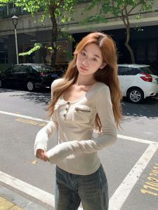 Áo Thun Dài Tay Ôm Vừa Vặn Thời Trang Thu Đông Cho Nữ Áo Sơ Mi Cổ Chữ U Màu Trơn Không Tay Áo Khoác Ngoài Thường Ngày