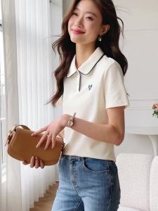 AMMIN Korean Style Fashion Delicate Heart Heart Embroidery Design Apricot Short-Sleeved T-shirt Womens 2025 Summer New Casual Simple Buttons Polo Collar Elegant Blouse