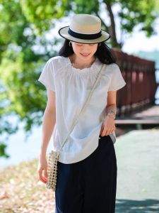 Summer Linen Shirt Womens Loose Fit Drawstring Collar Heavyweight Shrinkage Process Korean Style Commute Short Sleeve