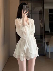 CHANGTONG | French Style Long Sleeve Sunscreen Dress Womens Summer Beach Vacation Fairy Skirt White Moonlight Dreamy Ultra Beautiful Fairy