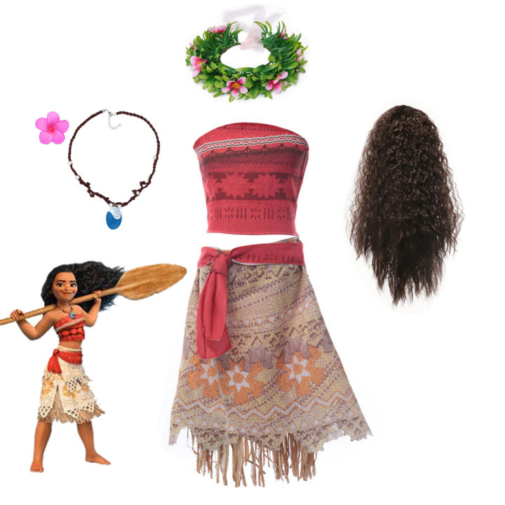 Moana Dresses Girls Kids Clothes Cosplay Vaiana Princess Dress Necklace