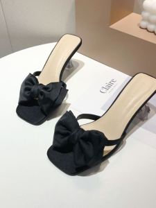 Fashionable Summer Womens High Heel Sandals Outdoor Wear Butterfly Knot Slip-On Shoes Stylish Trendy Flat Head Fine Heel