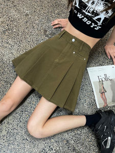 Military Green Denim Pleated Mini Skirt Women Summer Thin Hide Belly Short Workwear Skirts High Waist Cotton Blend Solid Color