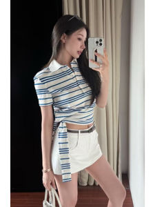 YUEZHONGWEI | Slim Fit Blue Striped Polo Neck Short Sleeve T-Shirt Women Summer Small Size American College Style Top Korean Version Commute Style