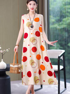Lightweight Cotton Silk Dress Womens Summer Artificial Cotton Nightgown Home Clothes plus Size Outerwear Mom Sleeveless Knee-length Sleep Dress