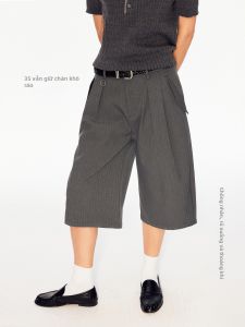 MADWITCH | Fine Stripe Pleated Wide Leg Ankle Pants Drape Wrinkle-resistant