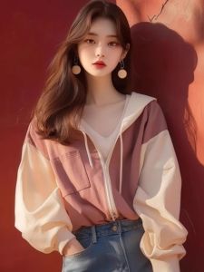 เสื้อแจ็คเก็ตฮู้ดแขนยาวผ้าคอตตอนลายทางสีบล็อกฤดูใบไม้ร่วงสำหรับผู้หญิง เสื้อคลุมกันหนาวสไตล์เกาหลี ปกติ