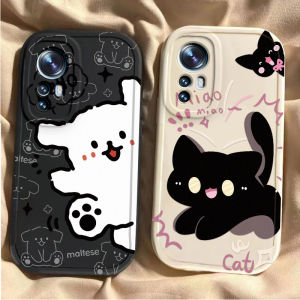 Xiaomi 12X Soft Silicone Case Liquid Protection Cover Anti-Fall Full Lens Protection Cute Black Cat White Dog Cartoon Style for Men And Women