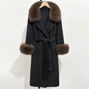 Áo Khoác Len Nữ Sang Trọng Cổ Lông Cáo Thật Ấm Áp Chất Liệu Len Pha Mùa Đông Kiểu Dáng Thời Trang Áo Khoác Len Cashmere Hai Mặt Phong Cách Dệt Kim Giản Dị