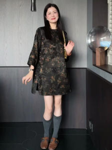 QFN | Retro Slimming Loose Printed Dress Black