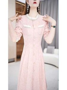 Elegant Long Sleeve Midi Dress Womens Autumn Winter Slimming Ageless High Waist A-Line Skirt Fashionable Ruffle Collar Dress