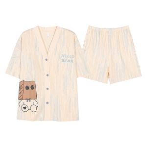 Miiow | Couples Pure Cotton Sleepwear Thin Short Sleeve Shorts Cardigan Casual With Chest Pad Large Size Fashion Home Clothes Set