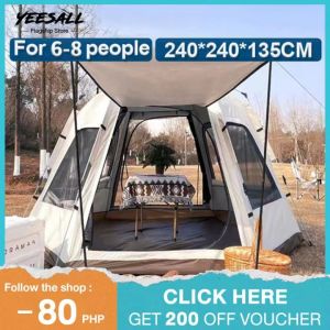 YEESALL White tent outdoor portable hexagonal folding fully automatic one room one hall park camping thickened ventilation for 6-8 people Tent