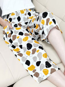 Summer Womens Cotton Silk Home Sleep Pants Loose Elastic Waist Printed Seven-Foot Thin Breathable Artificial Cotton Can Be Worn outside Wide Leg Pants