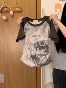 Cream Universe Graffiti Cat Raglan Short-Sleeved T-shirt Female American Retro Style Short Not Midriff Outfit Tops New Arrival