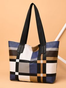 Large Capacity Korean Style Womens Tote Bag Fashionable Contrast Color Handbag Single Shoulder Bag Casual PU Leather