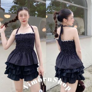 AimornShopp เสื้อคล้องคอ ผูกโบว์หลังลายจุดแต่งปลายระบาย น่ารักมาก เนื้อผ้าดี ทรงสวยสุดๆ