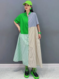 XITAO Casual Striped Shirt Dress Asymmetrical Contrast Color Patchwork Stand Collar Short Sleeve Women Dress Summer ZY8805