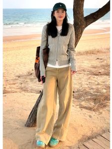 กางเกงยีนส์ทรงหลวมขาตรงเอวสูงสีกรมท่าสำหรับผู้หญิง กางเกงขายาวทรงหลวมสไตล์อเมริกันสำหรับใส่ไปทำงานในฤดูใบไม้ผลิ