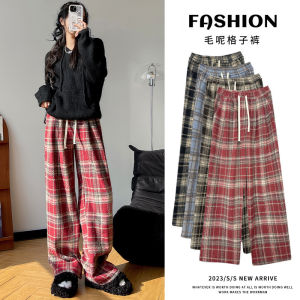 กางเกงขายาวทรงหลวมเอวสูงผ้าขนสัตว์ลายสก็อตสำหรับผู้หญิง ฤดูใบไม้ร่วง/ฤดูหนาว กางเกงขายาวทรงตรงลำลอง