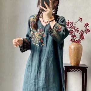 Embroidered Retro Ethnic Style Cotton Linen Dress