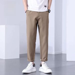 ROMON | Lormen Mens Casual Pants Summer Thin Ice Silk Drape Loose Straight Leg Suit Pants Quick Dry Elastic Long Trousers For Men