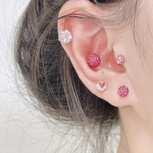 Titanium Steel Super Shiny 6mm Diamond Ball Versatile Cuff Screw Ear Bone Pink Heart Shaped Earrings Fashionable Korean Style